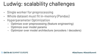 Ludwig: scalability challenges
- Single worker for preprocessing
- Whole dataset must fit in-memory (Pandas)
- Hyperparameter Optimization
- Optimize over preprocessing (feature engineering)
- Optimize over model params
- Optimizer over model architecture (encoders / decoders)
 