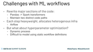 Challenges with ML workflows
- Rewrite major sections of the code:
- Pandas -> Spark transformers
- Maintain two distinct code paths
- Each step heavyweight, allocates heterogenous infra
- Airflow
- But what about hyperparameter optimization?
- Dynamic process
- Difficult to model using static workflow definitions
 