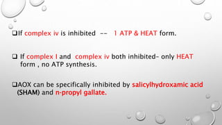 AOX can be specifically inhibited by salicylhydroxamic acid
(SHAM) and n‐propyl gallate.
If complex iv is inhibited -- 1 ATP & HEAT form.
 If complex I and complex iv both inhibited– only HEAT
form , no ATP synthesis.
 