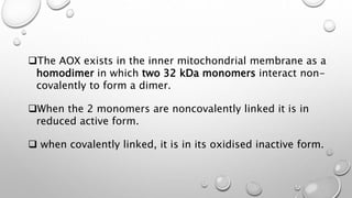The AOX exists in the inner mitochondrial membrane as a
homodimer in which two 32 kDa monomers interact non-
covalently to form a dimer.
When the 2 monomers are noncovalently linked it is in
reduced active form.
 when covalently linked, it is in its oxidised inactive form.
 