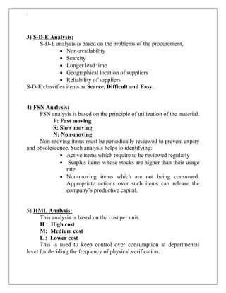 `
3) S-D-E Analysis:
S-D-E analysis is based on the problems of the procurement,
 Non-availability
 Scarcity
 Longer lead time
 Geographical location of suppliers
 Reliability of suppliers
S-D-E classifies items as Scarce, Difficult and Easy.
4) FSN Analysis:
FSN analysis is based on the principle of utilization of the material.
F: Fast moving
S: Slow moving
N: Non-moving
Non-moving items must be periodically reviewed to prevent expiry
and obsolescence. Such analysis helps to identifying:
 Active items which require to be reviewed regularly
 Surplus items whose stocks are higher than their usage
rate.
 Non-moving items which are not being consumed.
Appropriate actions over such items can release the
company‟s productive capital.
5) HML Analysis:
This analysis is based on the cost per unit.
H : High cost
M: Medium cost
L : Lower cost
This is used to keep control over consumption at departmental
level for deciding the frequency of physical verification.
 