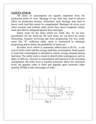 `
SAFETY STOCK:
All items of consumption are equally important from the
production point of view. Shortage of any item may lead to adverse
effect on production process. Sometimes such shortage may lead to
heavy work load that cannot be compensated. Shortages do occur even
when accurate and realistic order points have been computed. Safety
stock provided to safeguard against these shortages.
Safety stock for the items which are costly like „A‟ are less,
possibilities for the stock-out for such items are cut down by closer
forecasting, frequent reviewing and more progressing. For less costly
items like „C‟ sufficient safety stock is maintained to eliminate
progressing and to reduce the probability of stock-out.
Re-order level, which is commonly abbreviated as R.O.L., is the
sum of safety stock and the average lead time consumption. Stock equals
to lead time consumption is intended to satisfy average demand during
lead time. The safety stock is meant to absorb other contingences such as
delay in delivery, increase in consumption and rejection in the incoming
consignment. Re-order level is located somewhat above the minimum
level; the quantity order is fixed and depends upon economic order
quantity (EOQ) to take advantages of order.
Fig. 6
 