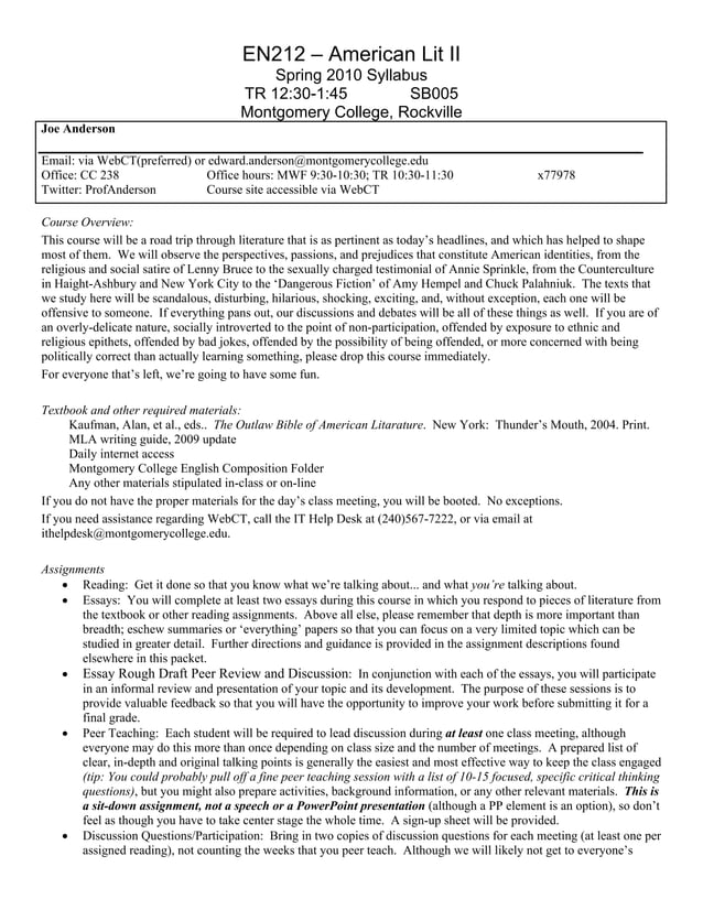 Edward Anderson - syllabus - American Lit II | PDF