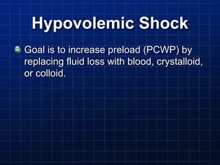 Hypovolemic Shock
Goal is to increase preload (PCWP) by
replacing fluid loss with blood, crystalloid,
or colloid.
 
