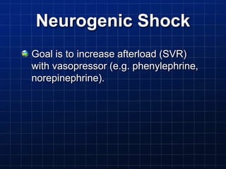 Neurogenic Shock
Goal is to increase afterload (SVR)
with vasopressor (e.g. phenylephrine,
norepinephrine).
 