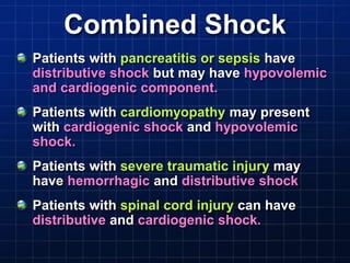 Combined Shock
Patients with pancreatitis or sepsis have
distributive shock but may have hypovolemic
and cardiogenic component.
Patients with cardiomyopathy may present
with cardiogenic shock and hypovolemic
shock.
Patients with severe traumatic injury may
have hemorrhagic and distributive shock
Patients with spinal cord injury can have
distributive and cardiogenic shock.
 