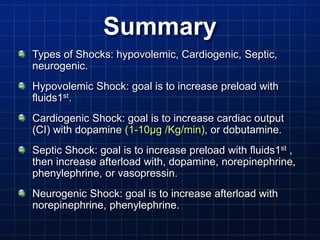 Summary
Types of Shocks: hypovolemic, Cardiogenic, Septic,
neurogenic.
Hypovolemic Shock: goal is to increase preload with
fluids1st.
Cardiogenic Shock: goal is to increase cardiac output
(CI) with dopamine (1-10μg /Kg/min), or dobutamine.
Septic Shock: goal is to increase preload with fluids1st ,
then increase afterload with, dopamine, norepinephrine,
phenylephrine, or vasopressin.
Neurogenic Shock: goal is to increase afterload with
norepinephrine, phenylephrine.
 