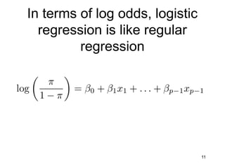 11
In terms of log odds, logistic
regression is like regular
regression
 