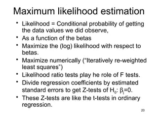 20
Maximum likelihood estimation
• Likelihood = Conditional probability of getting
the data values we did observe,
• As a function of the betas
• Maximize the (log) likelihood with respect to
betas.
• Maximize numerically (“Iteratively re-weighted
least squares”)
• Likelihood ratio tests play he role of F tests.
• Divide regression coefficients by estimated
standard errors to get Z-tests of H0: bj=0.
• These Z-tests are like the t-tests in ordinary
regression.
 