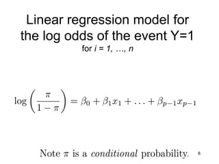8
Linear regression model for
the log odds of the event Y=1
for i = 1, …, n
 
