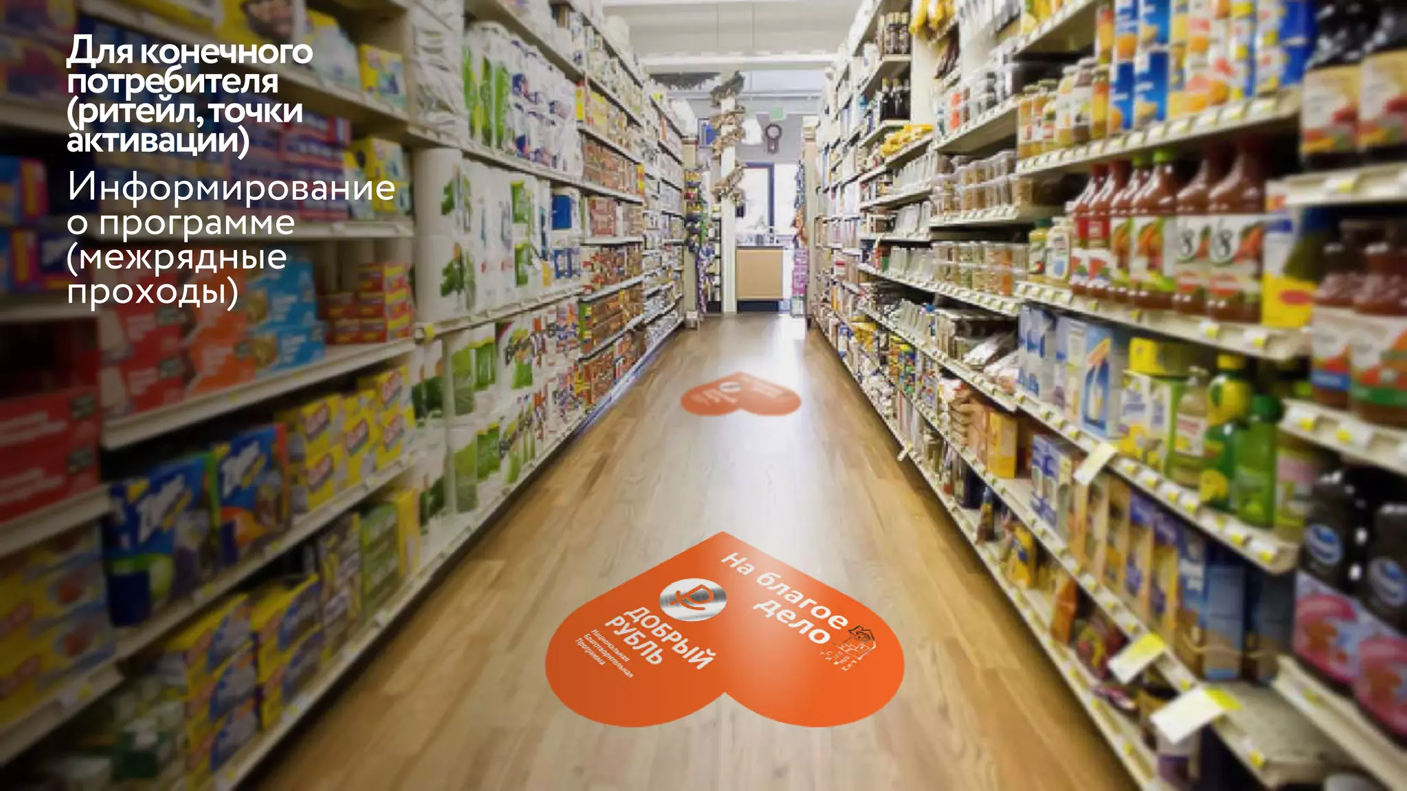 Информирование
о программе
(межрядные
проходы)
Дляконечного
потребителя
(ритейл,точки
активации)
 