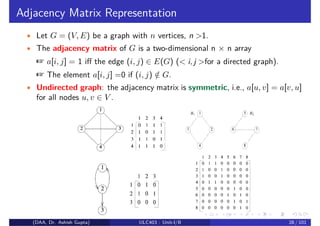 Adjacency Matrix Representation
• Let G = (V, E) be a graph with n vertices, n >1.
• The adjacency matrix of G is a two-dimensional n × n array
☞ a[i, j] = 1 iff the edge (i, j) ∈ E(G) (< i, j >for a directed graph).
☞ The element a[i, j] =0 if (i, j) /
∈ G.
• Undirected graph: the adjacency matrix is symmetric, i.e., a[u, v] = a[v, u]
for all nodes u, v ∈ V .
(DAA, Dr. Ashish Gupta) ULC403 : Unit-I/II 28 / 101
 
