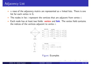 Adjacency List
• n rows of the adjacency matrix are represented as n linked lists. There is one
list for each vertex in G.
• The nodes in list i represent the vertices that are adjacent from vertex i.
• Each node has at least two fields: vertex and link. The vertex field contains
the indices of the vertices adjacent to vertex i.
Figure: Examples
(DAA, Dr. Ashish Gupta) ULC403 : Unit-I/II 31 / 101
 