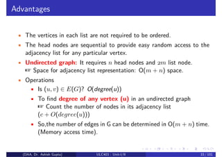 Advantages
• The vertices in each list are not required to be ordered.
• The head nodes are sequential to provide easy random access to the
adjacency list for any particular vertex.
• Undirected graph: It requires n head nodes and 2m list node.
☞ Space for adjacency list representation: O(m + n) space.
• Operations
• Is (u, v) ∈ E(G)? O(degree(u))
• To find degree of any vertex (u) in an undirected graph
☞ Count the number of nodes in its adjacency list
(c + O(degree(u)))
• So,the number of edges in G can be determined in O(m + n) time.
(Memory access time).
(DAA, Dr. Ashish Gupta) ULC403 : Unit-I/II 33 / 101
 