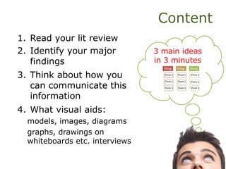 Content
1. Read your lit review
2. Identify your major
findings
3. Think about how you
can communicate this
information
4. What visual aids:
models, images, diagrams
graphs, drawings on
whiteboards etc. interviews
3 main ideas
in 3 minutes
 