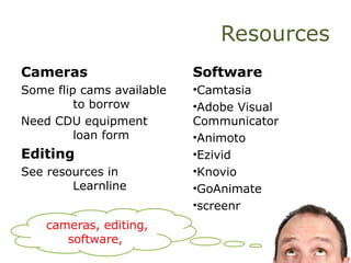 Resources
Cameras
Some flip cams available
to borrow
Need CDU equipment
loan form
Editing
See resources in
Learnline
Software
•Camtasia
•Adobe Visual
Communicator
•Animoto
•Ezivid
•Knovio
•GoAnimate
•screenr
cameras, editing,
software,
 