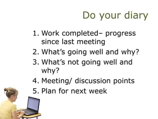 Do your diary
1. Work completed– progress
since last meeting
2. What’s going well and why?
3. What’s not going well and
why?
4. Meeting/ discussion points
5. Plan for next week
 