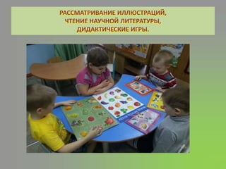 РАССМАТРИВАНИЕ ИЛЛЮСТРАЦИЙ,
ЧТЕНИЕ НАУЧНОЙ ЛИТЕРАТУРЫ,
ДИДАКТИЧЕСКИЕ ИГРЫ.
 