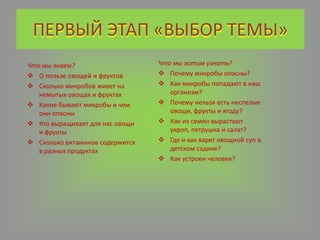 ПЕРВЫЙ ЭТАП «ВЫБОР ТЕМЫ»
Что мы знаем?
 О пользе овощей и фруктов
 Сколько микробов живет на
немытых овощах и фруктах
 Какие бывают микробы и чем
они опасны
 Кто выращивает для нас овощи
и фрукты
 Сколько витаминов содержится
в разных продуктах
Что мы хотим узнать?
 Почему микробы опасны?
 Как микробы попадают в наш
организм?
 Почему нельзя есть неспелые
овощи, фрукты и ягоду?
 Как из семян вырастают
укроп, петрушка и салат?
 Где и как варят овощной суп в
детском садике?
 Как устроен человек?
 