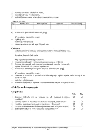 „Projekt współfinansowany ze środków Europejskiego Funduszu Społecznego”
22
3) określić zawartość alkoholu w winie,
4) określić typ wina (wytrawność),
5) umieścić opracowanie w tabeli sporządzonej wg. wzoru:
Tabela do ćwiczenia 1
Lp. Nazwa wina Rodzaj wina Typ wina Moc w % obj.
6) przedstawić opracowanie na forum grupy.
Wyposażenie stanowiska pracy:
− etykiety win,
− materiały piśmiennicze,
− plansze z opisem pozycji na etykietach win.
Ćwiczenie 2
Dokonaj analizy informacji umieszczonych na wybranej etykiecie wina.
Sposób wykonania ćwiczenia
Aby wykonać ćwiczenie powinieneś:
1) przeanalizować napisy i oznaczenia umieszczone na etykiecie,
2) dokonać interpretacji umieszczonych na etykiecie napisów i oznaczeń,
3) zapisać informacje odczytane z etykiet wina,
4) przedstawić informacje odczytane z etykiet wina na form grupy.
Wyposażenie stanowiska pracy:
− literatura z rozdziału 6 poradnika ucznia dotycząca opisu etykiet umieszczonych na
butelkach win,
− materiały piśmiennicze,
− plansze z interpretacją napisów i oznaczeń umieszczonych na etykiecie wina.
4.3.4. Sprawdzian postępów
Czy potrafisz:
Tak Nie
1) dokonać podziału win ze względu na ich charakter i sposób
produkcji?
! !
2) określić różnice w produkcji win białych, różowych, czerwonych? ! !
3) rozróżnić na podstawie etykiety wina stołowe i deserowe? ! !
4) odczytać i zinterpretować informacje umieszczone na etykiecie wina? ! !
5) podać przykłady win pochodzących z różnych krajów? ! !
 