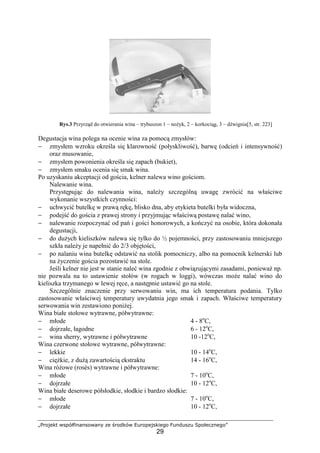„Projekt współfinansowany ze środków Europejskiego Funduszu Społecznego”
29
Rys.3 Przyrząd do otwierania wina – trybuszon 1 – nożyk, 2 – korkociąg, 3 – dźwignia[5, str. 223]
Degustacja wina polega na ocenie wina za pomocą zmysłów:
− zmysłem wzroku określa się klarowność (połyskliwość), barwę (odcień i intensywność)
oraz musowanie,
− zmysłem powonienia określa się zapach (bukiet),
− zmysłem smaku ocenia się smak wina.
Po uzyskaniu akceptacji od gościa, kelner nalewa wino gościom.
Nalewanie wina.
Przystępując do nalewania wina, należy szczególną uwagę zwrócić na właściwe
wykonanie wszystkich czynności:
− uchwycić butelkę w prawą rękę, blisko dna, aby etykieta butelki była widoczna,
− podejść do gościa z prawej strony i przyjmując właściwą postawę nalać wino,
− nalewanie rozpoczynać od pań i gości honorowych, a kończyć na osobie, która dokonała
degustacji,
− do dużych kieliszków nalewa się tylko do ½ pojemności, przy zastosowaniu mniejszego
szkła należy je napełnić do 2/3 objętości,
− po nalaniu wina butelkę odstawić na stolik pomocniczy, albo na pomocnik kelnerski lub
na życzenie gościa pozostawić na stole.
Jeśli kelner nie jest w stanie naleć wina zgodnie z obwiązującymi zasadami, ponieważ np.
nie pozwala na to ustawienie stołów (w rogach w loggi), wówczas może nalać wino do
kieliszka trzymanego w lewej ręce, a następnie ustawić go na stole.
Szczególnie znaczenie przy serwowaniu win, ma ich temperatura podania. Tylko
zastosowanie właściwej temperatury uwydatnia jego smak i zapach. Właściwe temperatury
serwowania win zestawiono poniżej.
Wina białe stołowe wytrawne, półwytrawne:
− młode 4 - 8o
C,
− dojrzałe, łagodne 6 - 12o
C,
− wina sherry, wytrawne i półwytrawne 10 -12o
C,
Wina czerwone stołowe wytrawne, półwytrawne:
− lekkie 10 - 14o
C,
− ciężkie, z dużą zawartością ekstraktu 14 - 16o
C,
Wina różowe (rosès) wytrawne i półwytrawne:
− młode 7 - 10o
C,
− dojrzałe 10 - 12o
C,
Wina białe deserowe półsłodkie, słodkie i bardzo słodkie:
− młode 7 - 10o
C,
− dojrzałe 10 - 12o
C,
 