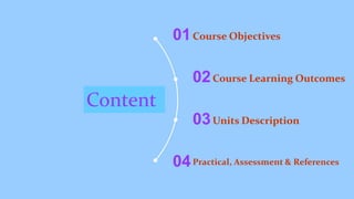 Content
Course Objectives
01
Course Learning Outcomes
02
Units Description
03
Practical, Assessment & References
04
 
