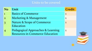 Units to be covered
No Unit Credit
1 Basics of Commerce 1
2 Marketing & Management 1
3 Nature & Scope of Commerce
Education
1
4 Pedagogical Approaches & Learning
Resources in Commerce Education
1
 