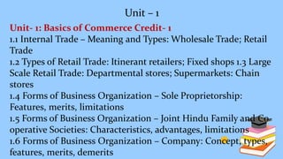 Unit – 1
Unit- 1: Basics of Commerce Credit- 1
1.1 Internal Trade – Meaning and Types: Wholesale Trade; Retail
Trade
1.2 Types of Retail Trade: Itinerant retailers; Fixed shops 1.3 Large
Scale Retail Trade: Departmental stores; Supermarkets: Chain
stores
1.4 Forms of Business Organization – Sole Proprietorship:
Features, merits, limitations
1.5 Forms of Business Organization – Joint Hindu Family and Co-
operative Societies: Characteristics, advantages, limitations
1.6 Forms of Business Organization – Company: Concept, types,
features, merits, demerits
 