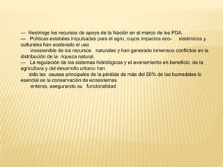 --- Restringe los recursos de apoyo de la Nación en el marco de los PDA
--- Políticas estatales impulsadas para el agro, cuyos impactos eco- sistémicos y
culturales han acelerado el uso
     insostenible de los recursos naturales y han generado inmensos conflictos en la
distribución de la riqueza natural.
--- La regulación de los sistemas hidrológicos y el avenamiento en beneficio de la
agricultura y del desarrollo urbano han
    sido las causas principales de la pérdida de más del 50% de los humedales lo
esencial es la conservación de ecosistemas
     enteros, asegurando su funcionalidad
 