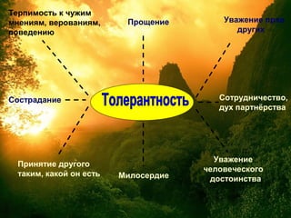 Прощение
Милосердие
Уважение прав
других
Сотрудничество,
дух партнёрства
Уважение
человеческого
достоинства
Сострадание
Принятие другого
таким, какой он есть
Терпимость к чужим
мнениям, верованиям,
поведению
 