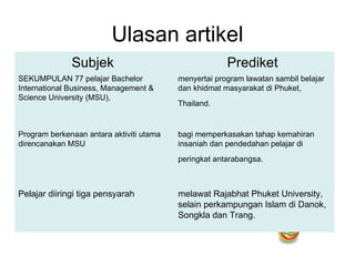 Ulasan artikel
              Subjek                                   Prediket
SEKUMPULAN 77 pelajar Bachelor            menyertai program lawatan sambil belajar
International Business, Management &      dan khidmat masyarakat di Phuket,
Science University (MSU),
                                          Thailand.


Program berkenaan antara aktiviti utama   bagi memperkasakan tahap kemahiran
direncanakan MSU                          insaniah dan pendedahan pelajar di
                                          peringkat antarabangsa.



Pelajar diiringi tiga pensyarah           melawat Rajabhat Phuket University,
                                          selain perkampungan Islam di Danok,
                                          Songkla dan Trang.
 
