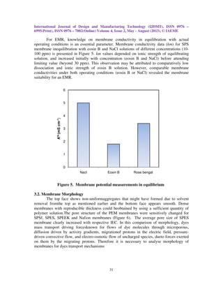 International Journal of Design and Manufacturing Technology (IJDMT), ISSN 0976 –
6995(Print), ISSN 0976 – 7002(Online) Volume 4, Issue 2, May - August (2013), © IAEME
31
For EMR, knowledge on membrane conductivity in equilibration with actual
operating conditions is an essential parameter. Membrane conductivity data (km) for SPS
membrane inequilibration with eosin B and NaCl solutions of different concentrations (10-
100 ppm) is presented in Figure 5. km values depended on ionic strength of equilibrating
solution, and increased initially with concentration (eosin B and NaCl) before attending
limiting value (beyond 30 ppm). This observation may be attributed to comparatively low
dissociation and ionic strength of eosin B solution. However, comparable membrane
conductivities under both operating conditions (eosin B or NaCl) revealed the membrane
suitability for an EMR.
Figure 5. Membrane potential measurements in equilibrium
3.2. Membrane Morphology
The top face shows non-uniformaggregates that might have formed due to solvent
removal fromthe top as mentioned earlier and the bottom face appears smooth. Dense
membranes with reproducible thickness could beobtained by using a sufficient quantity of
polymer solution.The pore structure of the PEM membranes were sensitively changed for
SPSf, SPES, SPEEK and Nafion membranes (Figure 6). The average pore size of SPES
membrane clearly increased with respective IEC. In this comparison of morphology, dyes
mass transport driving forcesknown for flows of dye molecules through microporous,
diffusion driven by activity gradients, migrationof protons in the electric field, pressure-
driven convective flow, and electro-osmotic flow of uncharged species, dueto forces exerted
on them by the migrating protons. Therefore it is necessary to analyse morphology of
membranes for dyes transport mechanisms
0
1
2
3
4
5
6
Nacl Eosin B Rose bengal
Km(mScm-1)
 