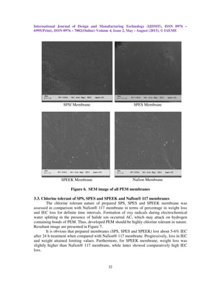 International Journal of Design and Manufacturing Technology (IJDMT), ISSN 0976
6995(Print), ISSN 0976 – 7002(Online) Volume 4, Issue 2, May
SPSf Membrane
SPEEK Membrane
Figure 6.
3.3. Chlorine tolerant of SPS, SPES and SPEEK and Nafion® 117 membranes
The chlorine tolerant nature of prepared SPS, SPES and SPEEK membrane was
assessed in comparison with Nafion® 117 membrane in terms of percentage in weight loss
and IEC loss for definite time intervals. Formation of oxy radicals during electrochemical
water splitting in the presence of halide ion occurred AC, which may attack on hydrogen
containing bonds of PEM. Thus, developed PEM should be highly chlorine tolerant in nature.
Resultant image are presented in Figure
It is obvious that prepared membranes
after 24 h treatment when compared with Nafion® 117 membrane. Progressively, loss in IEC
and weight attained limiting values. Furthermore, for SPEEK membrane, weight loss was
slightly higher than Nafion® 117 membra
loss.
al Journal of Design and Manufacturing Technology (IJDMT), ISSN 0976
7002(Online) Volume 4, Issue 2, May - August (2013), © IAEME
32
SPSf Membrane SPES Membrane
SPEEK Membrane Nafion Membrane
6. SEM image of all PEM membranes
hlorine tolerant of SPS, SPES and SPEEK and Nafion® 117 membranes
The chlorine tolerant nature of prepared SPS, SPES and SPEEK membrane was
assessed in comparison with Nafion® 117 membrane in terms of percentage in weight loss
and IEC loss for definite time intervals. Formation of oxy radicals during electrochemical
r splitting in the presence of halide ion occurred AC, which may attack on hydrogen
containing bonds of PEM. Thus, developed PEM should be highly chlorine tolerant in nature.
Resultant image are presented in Figure 7.
It is obvious that prepared membranes (SPS, SPES and SPEEK) lost about 5
after 24 h treatment when compared with Nafion® 117 membrane. Progressively, loss in IEC
and weight attained limiting values. Furthermore, for SPEEK membrane, weight loss was
slightly higher than Nafion® 117 membrane, while latter showed comparatively high IEC
al Journal of Design and Manufacturing Technology (IJDMT), ISSN 0976 –
August (2013), © IAEME
hlorine tolerant of SPS, SPES and SPEEK and Nafion® 117 membranes
The chlorine tolerant nature of prepared SPS, SPES and SPEEK membrane was
assessed in comparison with Nafion® 117 membrane in terms of percentage in weight loss
and IEC loss for definite time intervals. Formation of oxy radicals during electrochemical
r splitting in the presence of halide ion occurred AC, which may attack on hydrogen
containing bonds of PEM. Thus, developed PEM should be highly chlorine tolerant in nature.
(SPS, SPES and SPEEK) lost about 5-6% IEC
after 24 h treatment when compared with Nafion® 117 membrane. Progressively, loss in IEC
and weight attained limiting values. Furthermore, for SPEEK membrane, weight loss was
ne, while latter showed comparatively high IEC
 
