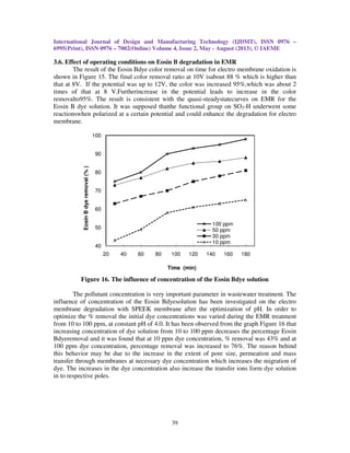 International Journal of Design and Manufacturing Technology (IJDMT), ISSN 0976 –
6995(Print), ISSN 0976 – 7002(Online) Volume 4, Issue 2, May - August (2013), © IAEME
39
3.6. Effect of operating conditions on Eosin B degradation in EMR
The result of the Eosin Bdye color removal on time for electro membrane oxidation is
shown in Figure 15. The final color removal ratio at 10V isabout 88 % which is higher than
that at 8V. If the potential was up to 12V, the color was increased 95%,which was about 2
times of that at 8 V.Furtherincrease in the potential leads to increase in the color
removalto95%. The result is consistent with the quasi-steadystatecurves on EMR for the
Eosin B dye solution. It was supposed thatthe functional group on SO3-H underwent some
reactionswhen polarized at a certain potential and could enhance the degradation for electro
membrane.
Figure 16. The influence of concentration of the Eosin Bdye solution
The pollutant concentration is very important parameter in wastewater treatment. The
influence of concentration of the Eosin Bdyesolution has been investigated on the electro
membrane degradation with SPEEK membrane after the optimization of pH. In order to
optimize the % removal the initial dye concentrations was varied during the EMR treatment
from 10 to 100 ppm, at constant pH of 4.0. It has been observed from the graph Figure 16 that
increasing concentration of dye solution from 10 to 100 ppm decreases the percentage Eosin
Bdyeremoval and it was found that at 10 ppm dye concentration, % removal was 43% and at
100 ppm dye concentration, percentage removal was increased to 76%. The reason behind
this behavior may be due to the increase in the extent of pore size, permeation and mass
transfer through membranes at necessary dye concentration which increases the migration of
dye. The increases in the dye concentration also increase the transfer ions form dye solution
in to respective poles.
40
50
60
70
80
90
100
20 40 60 80 100 120 140 160 180
EosinBdyeremoval(%)
Time (min)
100 ppm
50 ppm
30 ppm
10 ppm
 