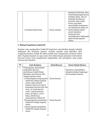 .

e.Produksi Radioisotop

Semua instalasi

pendingin berkurang, akan
terjadi pengurangan perisai
terhadap radiasi. Jika air
pendingin kualitasnya
menurun, akan terjadi
korosi yang dapat
menyebabkan terlepasnya
zat radioaktif ke dalam air.
Semua tahapan dalam
proses berpotensi
mencemari dan
membahayakan lingkungan
dalam bentuk paparan
radiasi.

L. Bidang Pengelolaan Limbah B3
Kegiatan yang menghasilkan limbah B3 berpotensi menimbulkan dampak terhadap
lingkungan dan kesehatan manusia, terutama kegiatan yang dipastikan akan
mengkonsentrasikan limbah B3 dalam jumlah besar sebagaimana tercantum dalam
tabel. Kegiatan-kegiatan ini juga secara ketat diikat dengan perjanjian internasional
(konvensi basel) yang mengharuskan pengendalian dan penanganan yang sangat
seksama dan terkontrol.
No
1.

Jenis Kegiatan
Skala/Besaran
Pengumpulan, pemanfaatan,
pengolahan dan/atau
penimbunan limbah Bahan
Berbahaya dan Beracun (B3)
sebagai kegiatan utama
a. Setiap kegiatan pengumpulan Semua besaran
limbah B3 sebagai kegiatan
utama, tidak termasuk
kegiatan skala kecil seperti
pengumpul minyak kotor dan
slope oil, timah dan flux
solder, minyak pelumas
bekas, aki bekas, solvent
bekas, limbah kaca
terkontaminasi limbah B3.
b.Setiap kegiatan pemanfaatan Semua besaran
limbah B3 sebagai kegiatan
utama.
c.Setiap kegiatan pengolahan
limbah B3 sebagai kegiatan
utama.
27

Alasan Ilmiah Khusus
Berpotensi menimbulkan
dampak terhadap lingkungan
dan kesehatan manusia.

 