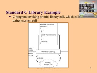 Standard C Library Example
    C program invoking printf() library call, which calls
     write() system call




                        CS1252-OPERATING SYSTEM UNIT I       49
 