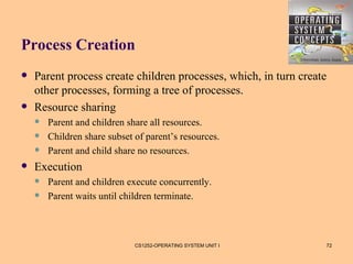 Process Creation
   Parent process create children processes, which, in turn create
    other processes, forming a tree of processes.
   Resource sharing
       Parent and children share all resources.
       Children share subset of parent’s resources.
       Parent and child share no resources.
   Execution
       Parent and children execute concurrently.
       Parent waits until children terminate.



                              CS1252-OPERATING SYSTEM UNIT I      72
 