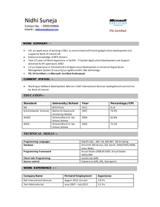 Nidhi Suneja
Contact No. :- 9999199868
Email ID :- nidhisuneja@gmail.com
ITIL Certified
WORK SUMMARY: -
 3.8 yrs experience of workingin DELL as servicelead and ProvidingApplication development and
supportto Bank of Ireland,UK.
 Extensive knowledge of BFSI domain.
 Total 3.5 years of Work experience in TechM - IT System Application Development and Support
Activities for BT openreach, AT&T.
 1.5 yrs Experience in Techmahindra of Application Development in Universal Digital Asset
Management System (E-security) usingMicrosoft’s .Net technology.
 ITIL V3 Certified and Microsoft Certified Professional.
CURRENT STATUS: -
 Workingas Software Development Advisor in Dell International Services leadingBranch serviceline
for Bank of Ireland.
EDUCATION:-
Standard University/School Year Percentage/CPI
MS BITS Pilani 2011 9.16
B.Sc(Computer Science) Maharshi Dayanand
University,Rohtak
2007 76.4%
AISSCE Shiksha Bharti Sr.Sec.
School,Rohtak
2004 82.8%
AISCE Shiksha Bharti Sr.Sec.
School,Rohtak
2002 75.2%
TECHNICAL SKILLS :-
Programming Languages SQL/PL-SQL , ASP, C#, ASP.NET, VB Scripting
Database Oracle9i,MS Access,SQL Server 2000/2005/2008,
Lotus Notes
Programming Framework Visual Studio 2008,VS 2005, Visual Studio
2003,CRM
Client-side Programming JavaScript,AJAX
Source control Subversion SVN, VSS, Sharepoint
WORK EXPERIENCE : -
Company Name Periodof Employment Experience
Dell International Services August 2012- Current 3.8 Yrs
Tech Mahindra Ltd June 2007 – July 2012 5.1 Yrs
 