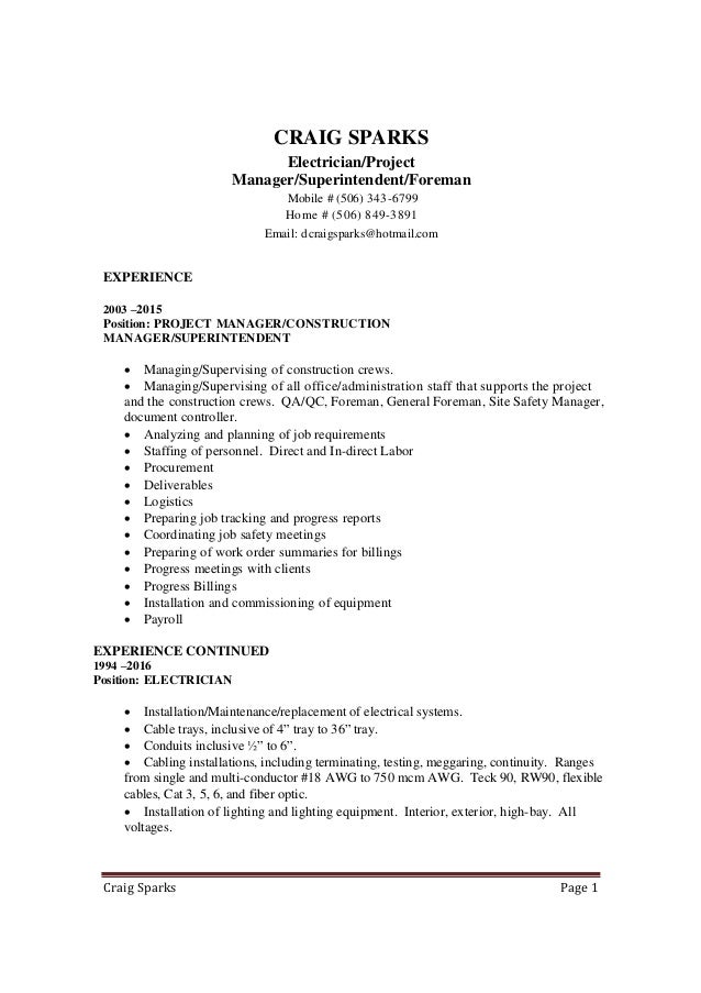 cover letter electrician supervisor craig sparks resume april 2016 electrician supervisor cover letter electrician supervisor craig sparks resume april 2016 electrician supervisor