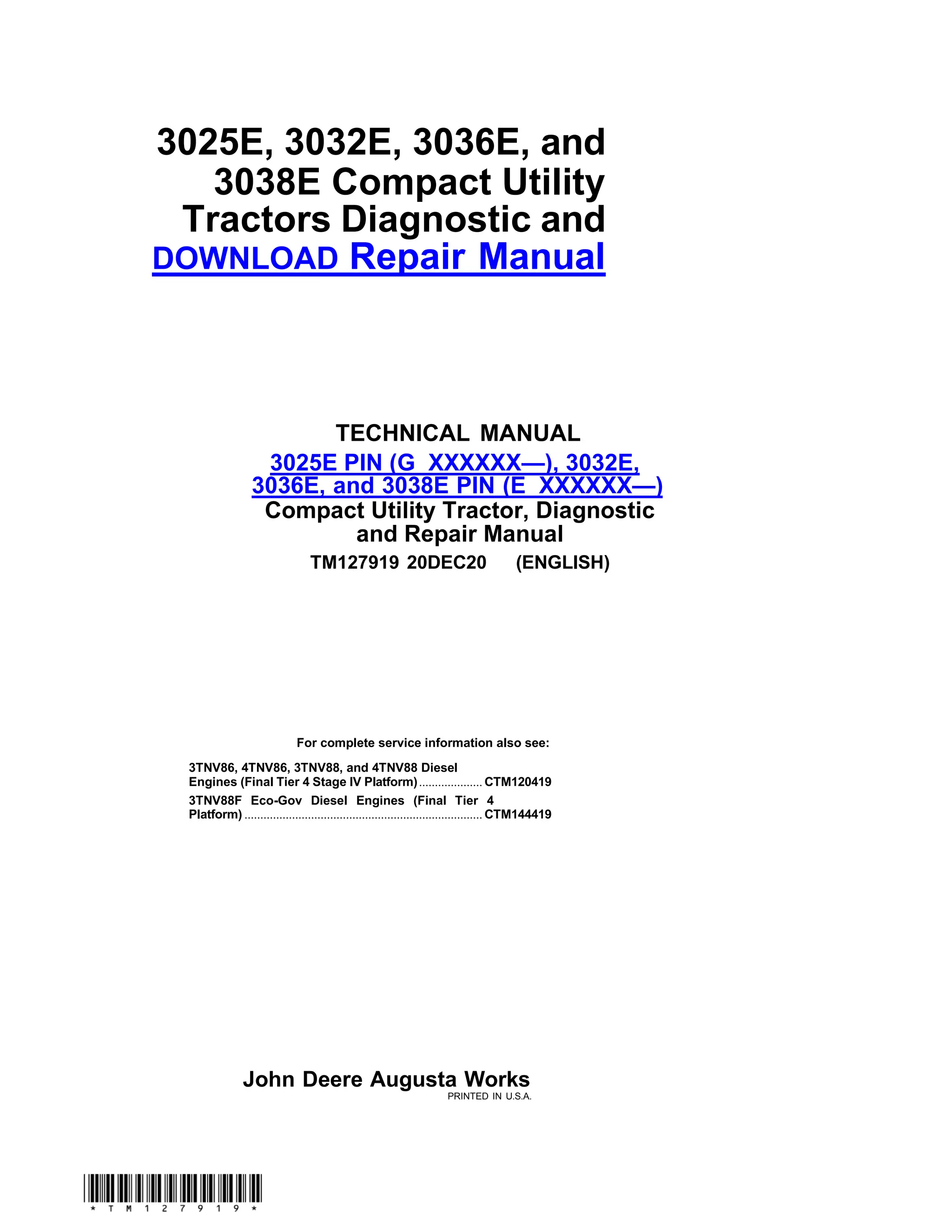 thumbnail image 2 of John Deere 3032E, 3036E, 3038E Compact Tractor Diagnostic Manual – Open Box Special 2 of 6