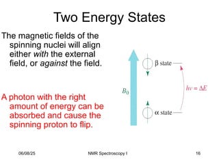 16
Two Energy States
The magnetic fields of the
spinning nuclei will align
either with the external
field, or against the field.
A photon with the right
amount of energy can be
absorbed and cause the
spinning proton to flip.
06/08/25 NMR Spectroscopy I
 