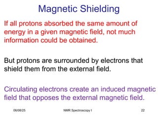 22
Magnetic Shielding
If all protons absorbed the same amount of
energy in a given magnetic field, not much
information could be obtained.
But protons are surrounded by electrons that
shield them from the external field.
Circulating electrons create an induced magnetic
field that opposes the external magnetic field.
06/08/25 NMR Spectroscopy I
 