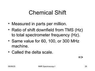 28
Chemical Shift
• Measured in parts per million.
• Ratio of shift downfield from TMS (Hz)
to total spectrometer frequency (Hz).
• Same value for 60, 100, or 300 MHz
machine.
• Called the delta scale.
=>
06/08/25 NMR Spectroscopy I
 