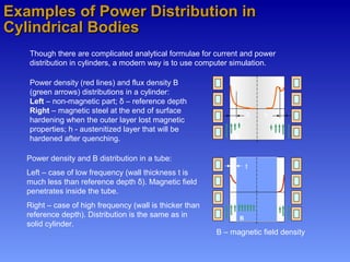 Examples of Power Distribution inExamples of Power Distribution in
Cylindrical BodiesCylindrical Bodies
Power density (red lines) and flux density B
(green arrows) distributions in a cylinder:
Left – non-magnetic part; δ – reference depth
Right – magnetic steel at the end of surface
hardening when the outer layer lost magnetic
properties; h - austenitized layer that will be
hardened after quenching.
Though there are complicated analytical formulae for current and power
distribution in cylinders, a modern way is to use computer simulation.
Power density and B distribution in a tube:
Left – case of low frequency (wall thickness t is
much less than reference depth δ). Magnetic field
penetrates inside the tube.
Right – case of high frequency (wall is thicker than
reference depth). Distribution is the same as in
solid cylinder.
δ h
B B
B
B – magnetic field density
t
 