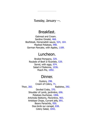 Radishes, 292.
Tuesday, January —.
Breakfast.
Oatmeal and Cream.
Sardine Omelet, 468.
Beefsteak, Horseradish sauce, 524, 164.
Mashed Potatoes, 998.
German Pancake, with Apples, 1189.
Luncheon.
Broiled Pompano, 329.
Roulade of Beef à l’Ecarlate, 539.
Sorrel, with eggs, 974.
Salad à l’Italienne, 1036.
Peach Pie, 1092.
Dinner.
Oysters, 298.
Cream of Celery, 71.
Thon, 282.
Deviled Crabs, 370.
Shoulder of Lamb, jardinière, 696.
Potatoes Duchesse, 1006.
Artichoke Bottoms, Florentine, 903.
Antelope Chops, Currant jelly, 891.
Beans Panachés, 950.
Doe-birds sur canapé, 838.
Celery Salad, 1042.
 