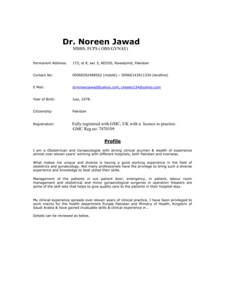 DR NOREEN JAWAD CV PDF | PDF