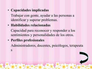 • Capacidades implicadas
  Trabajar con gente, ayudar a las personas a
  identificar y superar problemas.
• Habilidades relacionadas
  Capacidad para reconocer y responder a los
  sentimientos y personalidades de los otros.
• Perfiles profesionales
  Administradores, docentes, psicólogos, terapeuta
  s
 
