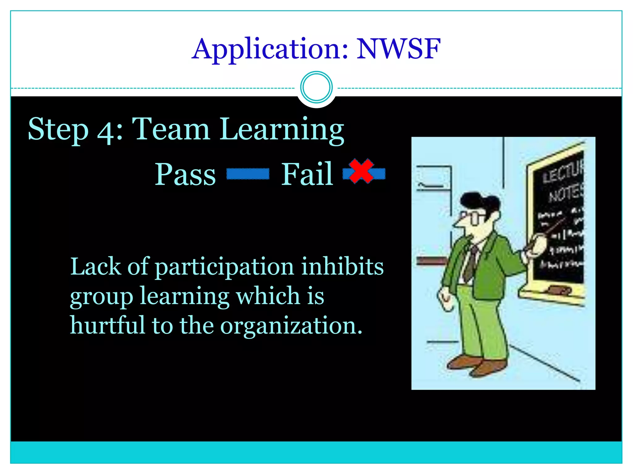 Application: NWSFStep 2: Mental Models			Pass  		Fail Committee held personal assumptionsParticipants were lecturedDisagreements surrounding diversity