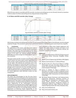 International Journal of Trend in Scientific Research and Development (IJTSRD) @ www.ijtsrd.com eISSN: 2456-6470
@ IJTSRD | Unique Paper ID – IJTSRD25114 | Volume – 3 | Issue – 4 | May-Jun 2019 Page: 1423
TABLE.6 DC Motor with PID Controller (Before Tuning)
Controller Gain Rise Time(sec) Maximum Overshoot (%) Settle time(sec) Peak Amplitude
KP=61.09 0.132 17.2 0.665 1
Ki= 186.6 0.163 1.83 0 1
Kd= 4.36 0.177 6.98 0.794 1.07
When DC motor speed is controlled with PID controller, overshoot and settling time are over 5% and 2 second. So, simulation
results to reduce overshoot and settling time by using automatic tuning method.
H. DC Motor with PID Controller (After Tuning)
Fig.12 DC Motor with PID Controller (After Tuning)
Controller Gain Rise Time(sec) Maximum Overshoot (%) Settle time(sec) Peak Amplitude
KP=17.45 0.132 17.2 0.665 1
Ki= 48.49 0.163 1.83 0 1
Kd= 1.507 0.528 4.73 1.67 1.05
After tuning, overshoot and settling time are under 5% and 2 second. When tuningresultsof controllergain,risetimeandpeak
amplitude changes. This simulation result is the mathematical simulation of DC Motor speed control system by using PID.
V. Conclusions
The applications of DC motors and drives have used in
recent years in the appliance industry and the automotive
industry. This paper has discussed aspects of DC motor
speed control by using PID controller. To examine the speed
control of DC motor, the software package MATLAB/
SIMULINK was used to design the block diagrams and run
the simulations.
This paper studies the PID controller for theDC motorspeed
control system. For better speed control applications DC
motor can give a better performance than induction motor
and AC motor. PID Controls are commonly used in the
industry. The purpose to control the speed of motor is to
overcome the problem in industry like to avoid machines
damages and to avoid slow rise time and high overshoot.
Graphical representation of program gives which clear
understanding about the structure and data flow. It is better
for control application while MATLAB is better for data
manipulation.
Acknowledgement
The author also acknowledges Dr. Kay Thi Lwin, Rector
Technological University (Hmawbi), forherkindpermission
to write this paper of Journal of EngineeringEducationaland
Applied Science. The author is much obligated toDr.NaySoe
Shwe, Professor and Head of the Department of Electrical
Power Engineering of the Technological University
(Hmawbi), for his invaluable advice, helpful suggestionsand
encouragement throughout this study. The author is greatly
indebted to his supervisor, Dr Aung Myo Naing, Professor,
Department of Electrical Power Engineering of the
Technological University (Hmawbi), for his encouragement,
good willingness to share ideas, helpful suggestions and
support. The author wishes to express her paper to all
persons who helped directly or indirectly towards the
successful completion of this paper.
References
[1] Fatiha Loucif,DepartmentofElectricalEngineeringand
information, Hunan University, ChangSha, Hunan,
China.
[2] Modern Control Engineering,4th Edition, 2002(Ogata)
[3] Modern Control System 11th, Edition (Bishop)
[4] Ho, W. K., Gan, O. P., Tay, E. B., & Ang, E. L. (1996).
Performance and gain and phase margins of well-
known PID tuning formulas. IEEE Transactions on
Control Systems Technology.
[5] Grassi, E., Tsakalis, K., Dash, S., Gaikwad, S. V.,
Macarthur, W., & Stein, G. (2001). Integrated system
identification and PID controller tuning by frequency
loop-shaping. IEEE Transactions on Control Systems
Technology.
[6] Md Akram Ahmad, Electronics and Communication
Engineering Department, Maryland Institute of
Technology and Management, Jamshedpur, India,
Kamal Kishor, Electronics and Communication
Engineering Department, Ramgovind Institute of
Technology, Koderma, India, Pankaj Rai, Electrical
Engineering Department, BIT Sindri, Dhanbad, India,
[7] http://en.m.wikipedia.org
[8] http://www.electricaleasy.com
 
