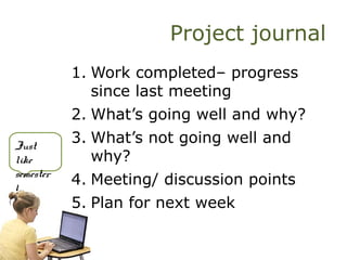 Project journal
1. Work completed– progress
since last meeting
2. What’s going well and why?
3. What’s not going well and
why?
4. Meeting/ discussion points
5. Plan for next week
Just
like
semester
1
 